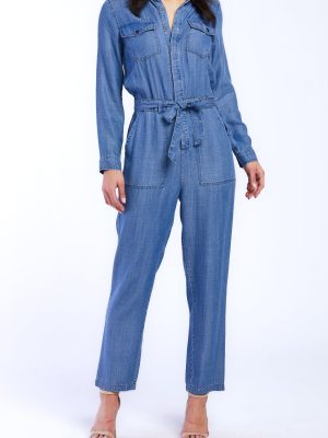 Cantrelle Long Sleeve Pull On Jumpsuit. Loose Leg. Half Button Down