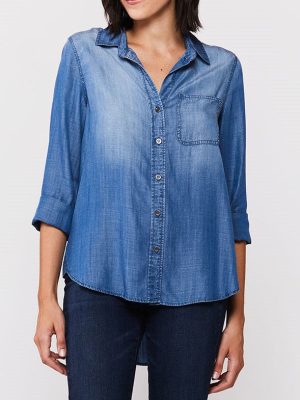 3/4 Cuffed Sleeve Button Down Shirt Single Chest Pocket Hi Low Hem