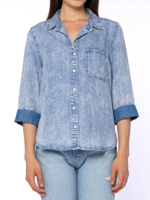 3/4 Cuffed Sleeve Button Down Shirt Chest Pocket High Low