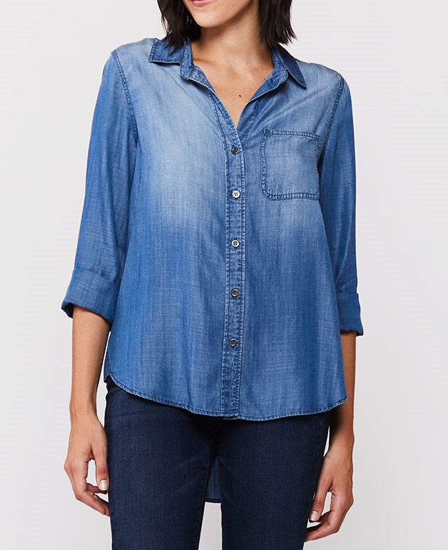 3/4 Cuffed Sleeve Button Down Shirt Single Chest Pocket Hi Low Hem - Image 2