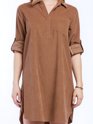 Lizbeth Rolled Tab Sleeve Pop Over Shift Dress Split Neck With 2 Button