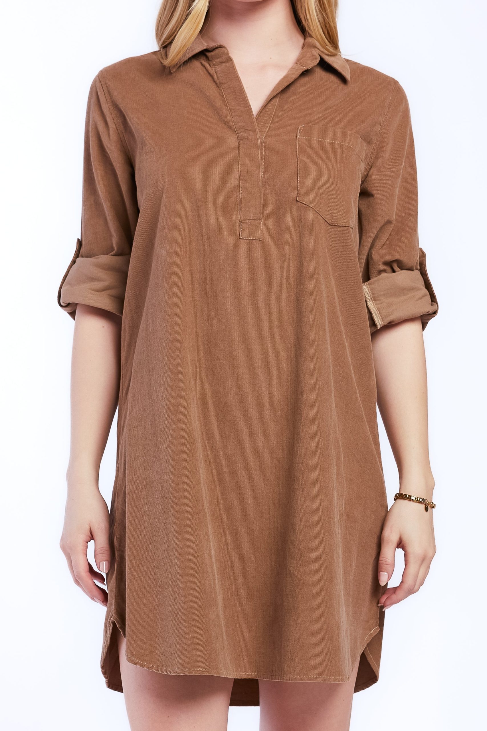 Lizbeth Rolled Tab Sleeve Pop Over Shift Dress Split Neck With 2 Button - Image 3