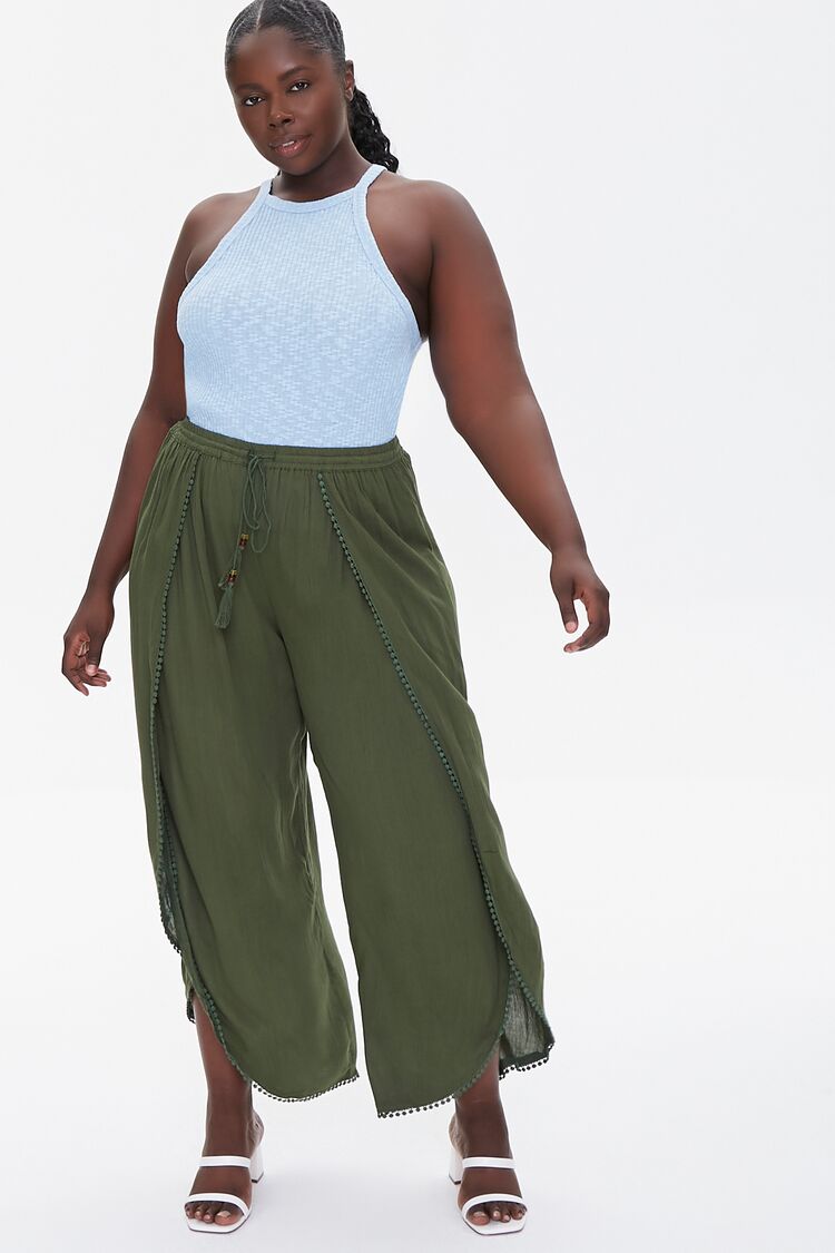Plus Size Crochet-Trim Tassel Pants