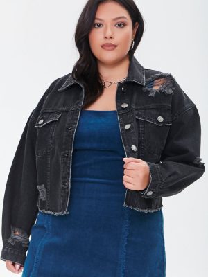 Plus Size Distressed Denim Jacket