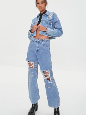 Distressed Chain Straight-Leg Jeans