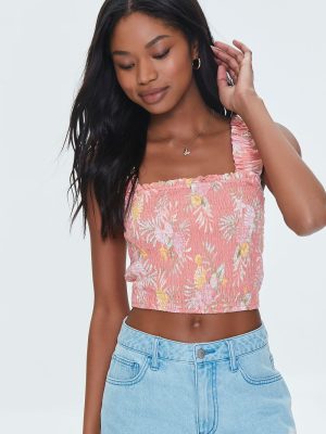 Tropical Leaf Smocked Crop Top