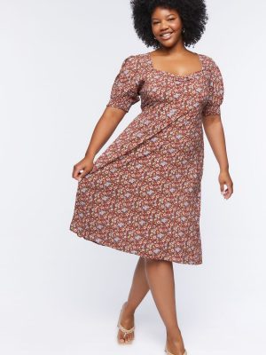 Plus Size Ditsy Floral Print Midi Dress