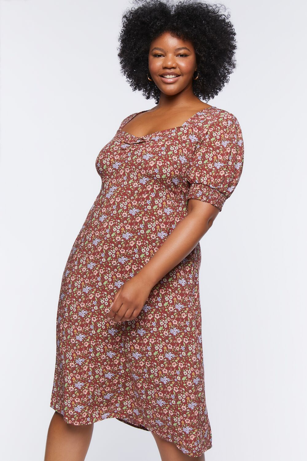 Plus Size Ditsy Floral Print Midi Dress - Image 4