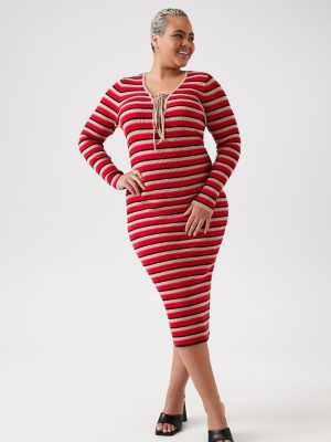 Plus Size Striped Lace-Up Sweater Dress