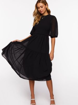 Smocked Chiffon Peasant-Sleeve Dress