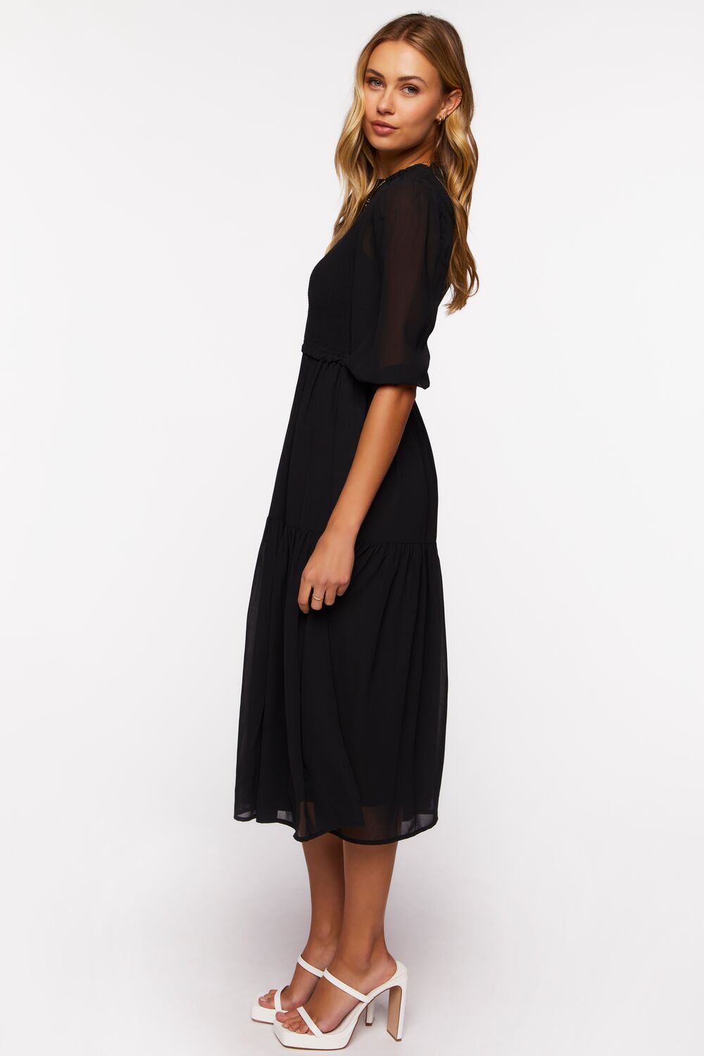 Smocked Chiffon Peasant-Sleeve Dress - Image 2