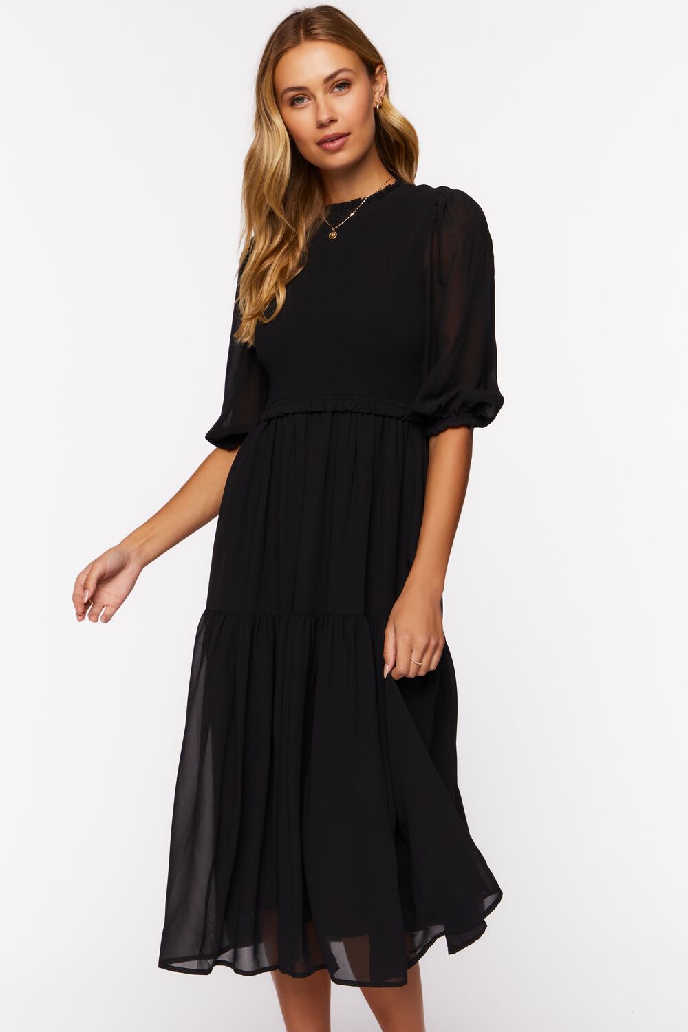 Smocked Chiffon Peasant-Sleeve Dress - Image 4