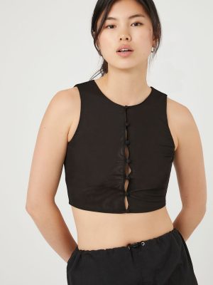 Button-Front Mesh Crop Top