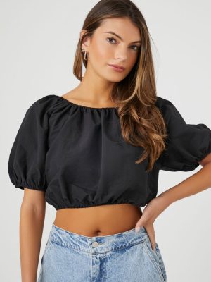 Puff-Sleeve Lace-Back Crop Top