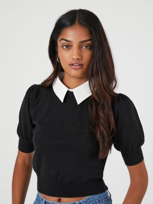 Sweater-Knit Collar Crop Top