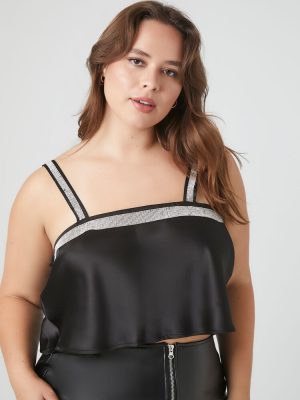 Plus Size Satin Rhinestone-Trim Crop Top