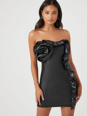 Faux Leather Rosette Tube Dress