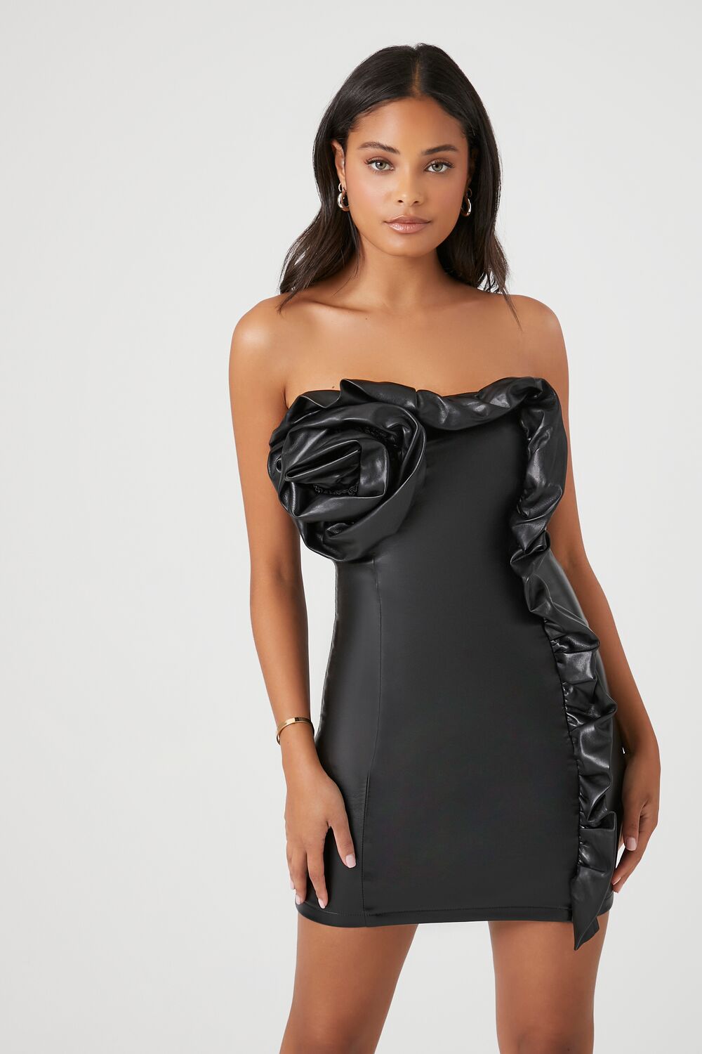 Faux Leather Rosette Tube Dress