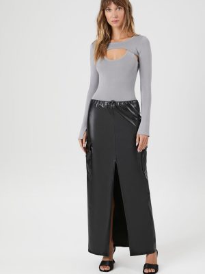 Faux Leather Toggle Drawstring Midi Skirt