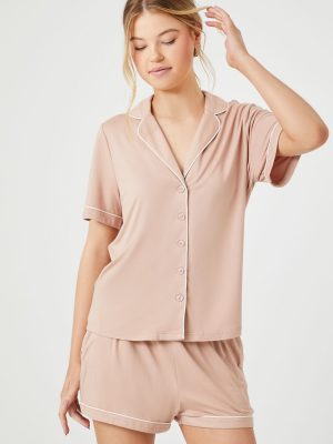 Piped-Trim Shirt & Shorts Pajama Set