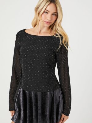 Rhinestone Cowl Back Long-Sleeve Top