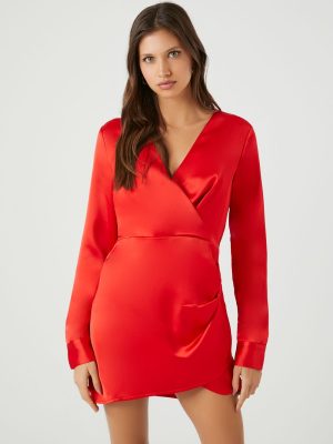 Satin Surplice Tulip-Hem Mini Dress