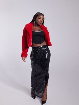 Sequin Leg-Slit Maxi Skirt