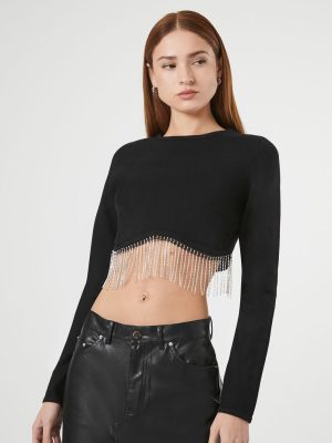 Rhinestone-Fringe Crop Top