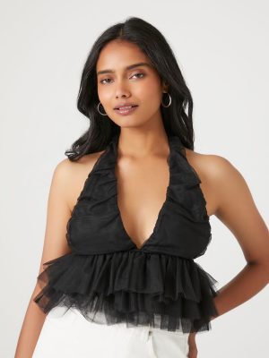 Mesh Ruffle Halter Crop Top