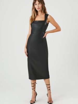 Faux Leather Sleeveless Midi Dress