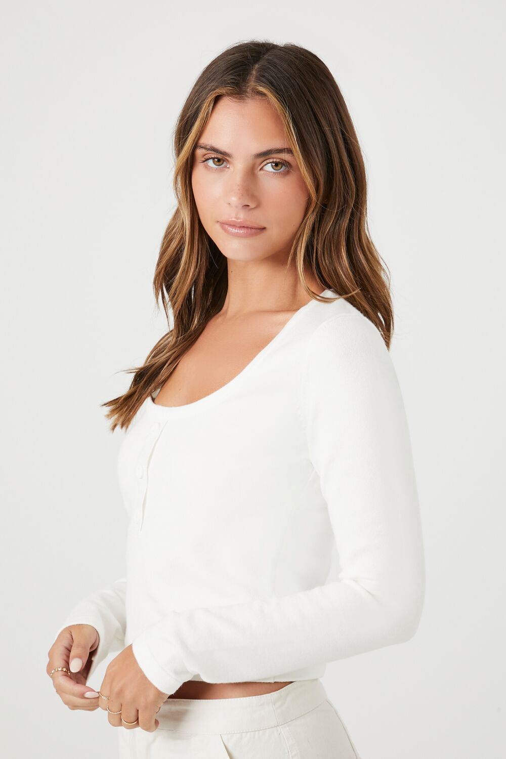 Cropped Sweater-Knit Henley Top - Image 2