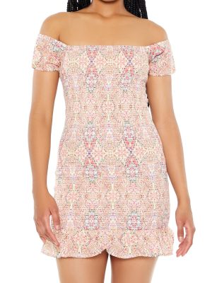 Smocked Ornate Print Mini Dress