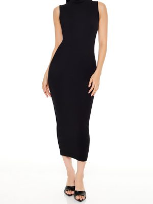 Ribbed Knit Mock Neck Midi Dress