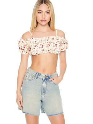Floral Print Open-Shoulder Crop Top