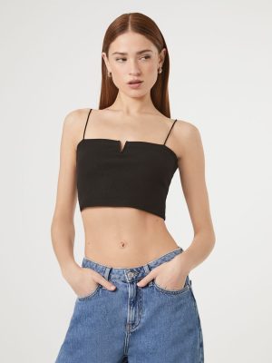 Notched Rib-Knit Cropped Cami