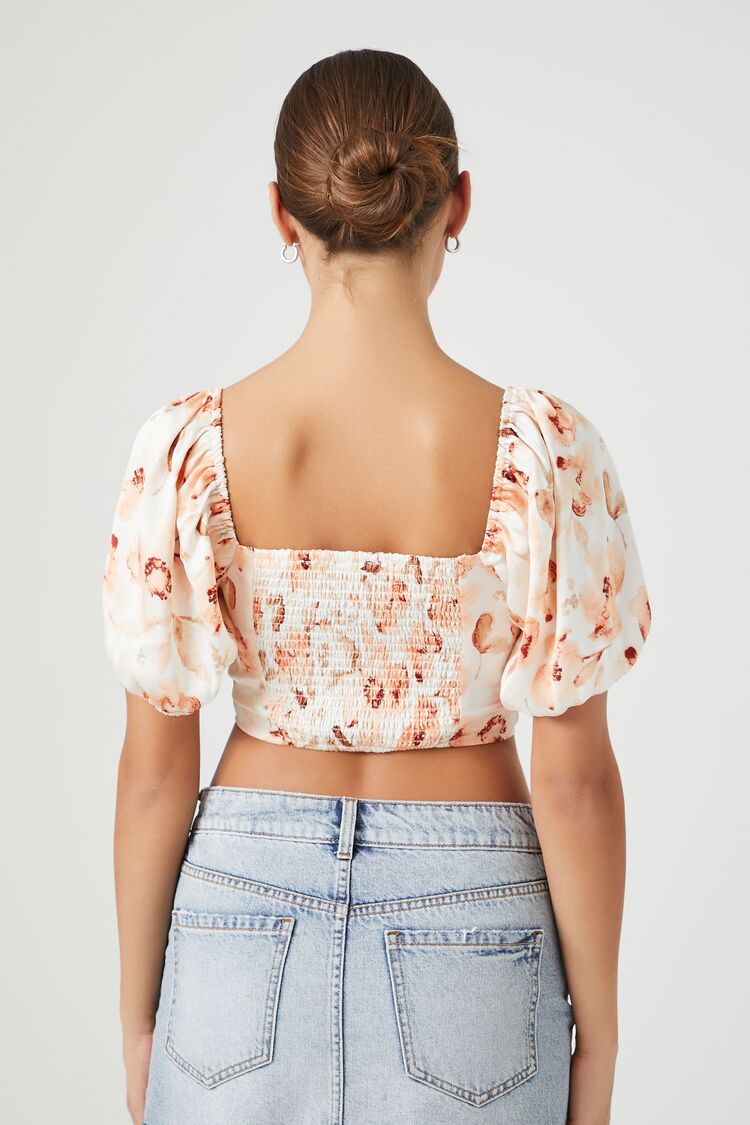 Satin Floral Puff-Sleeve Crop Top - Image 3