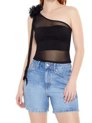 Mesh Rosette One-Shoulder Top