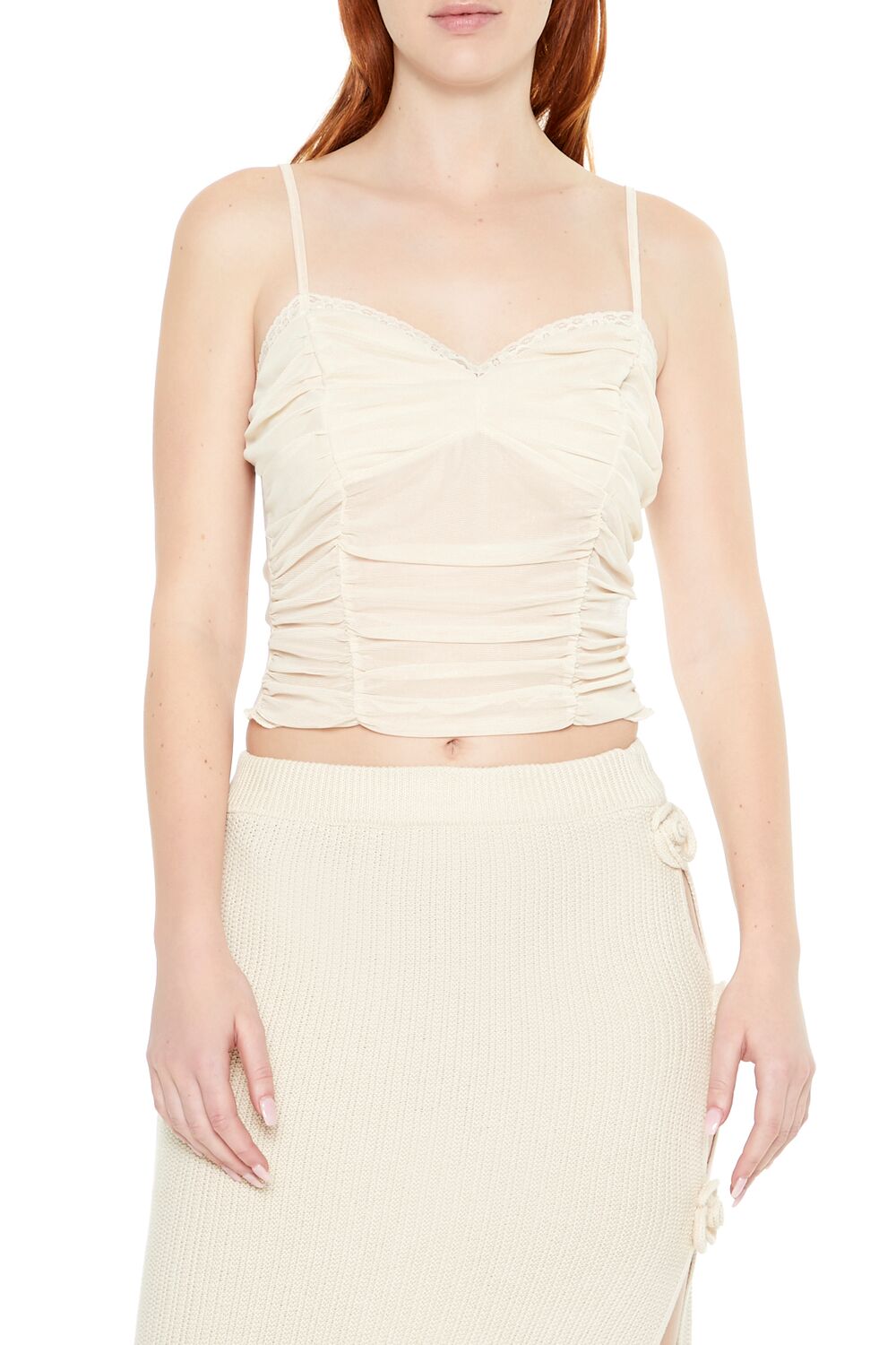 Lace-Trim Ruched Mesh Cami