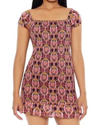 Smocked Ornate Print Mini Dress