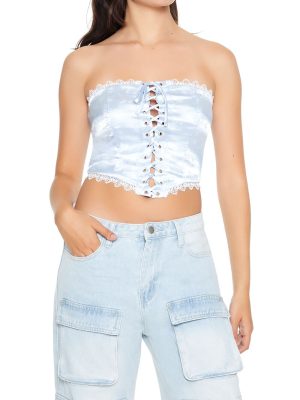 Satin Floral Lace-Up Tube Top