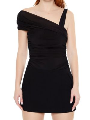 Asymmetrical Ruched Mesh Bodysuit