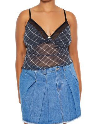 Plus Size Plaid Rosette Sheer Cami