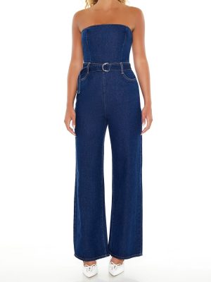 Belted Strapless Denim Jumpsuit