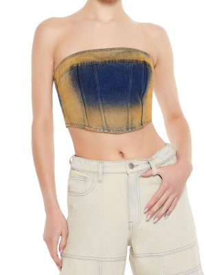 Sandblasted Denim Tube Crop Top