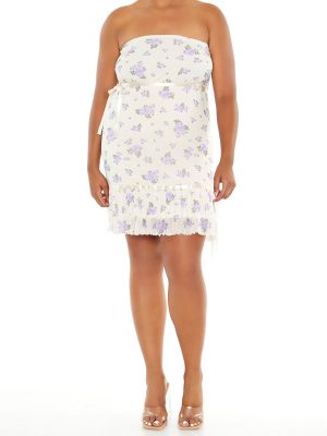 Plus Size Floral Bow Tube Mini Dress