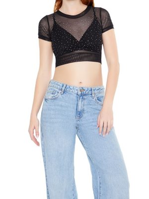 Cropped Mesh Rhinestone Tee