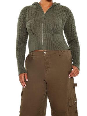 Plus Size Cable Knit Zip-Up Hoodie