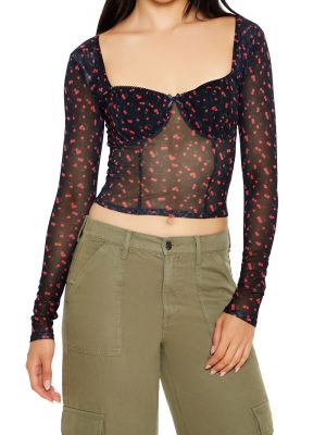 Mesh Cherry Print Crop Top