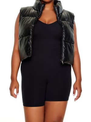 Plus Size Faux Leather Puffer Vest