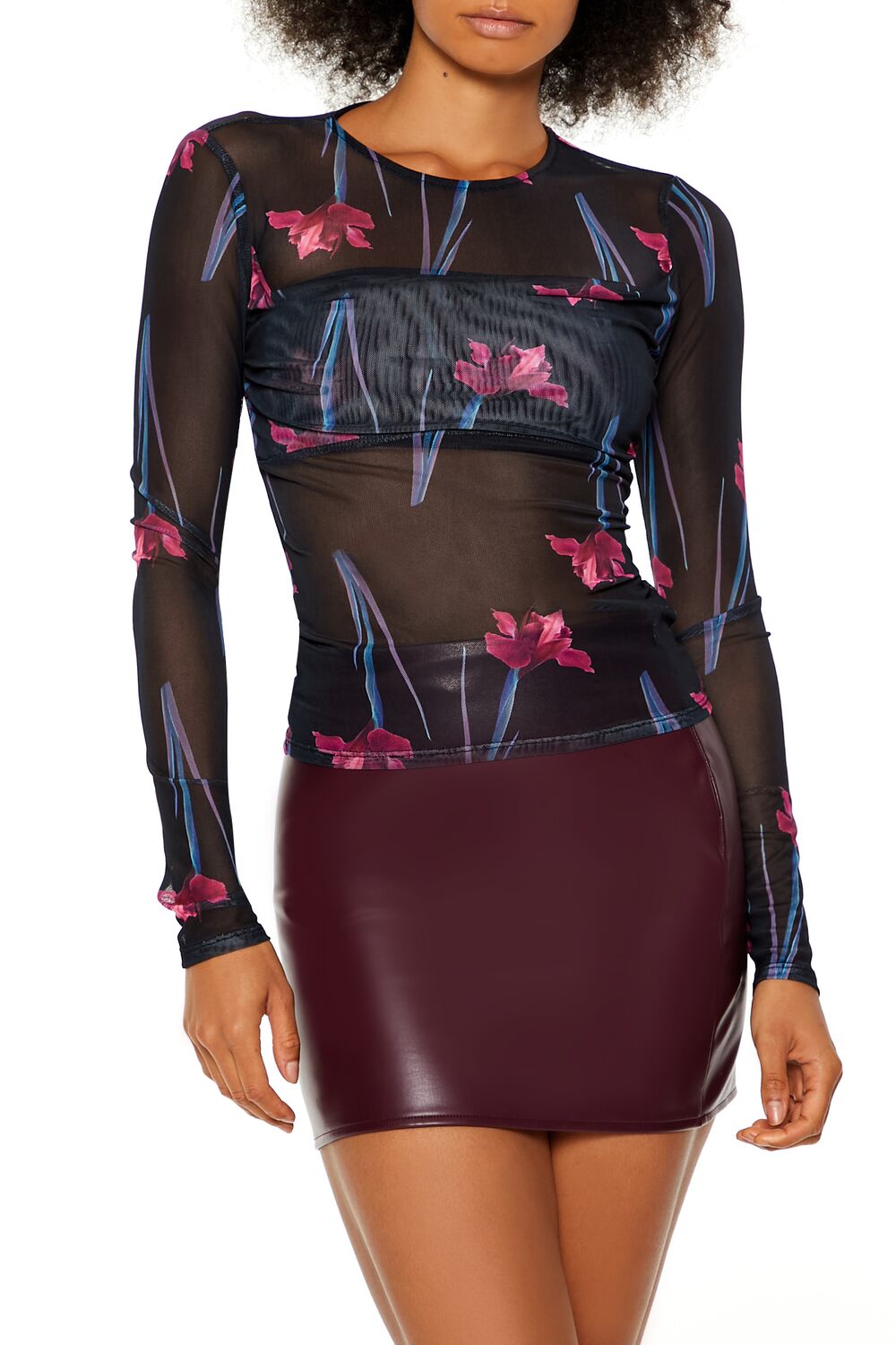 Sheer Floral Print Mesh Top
